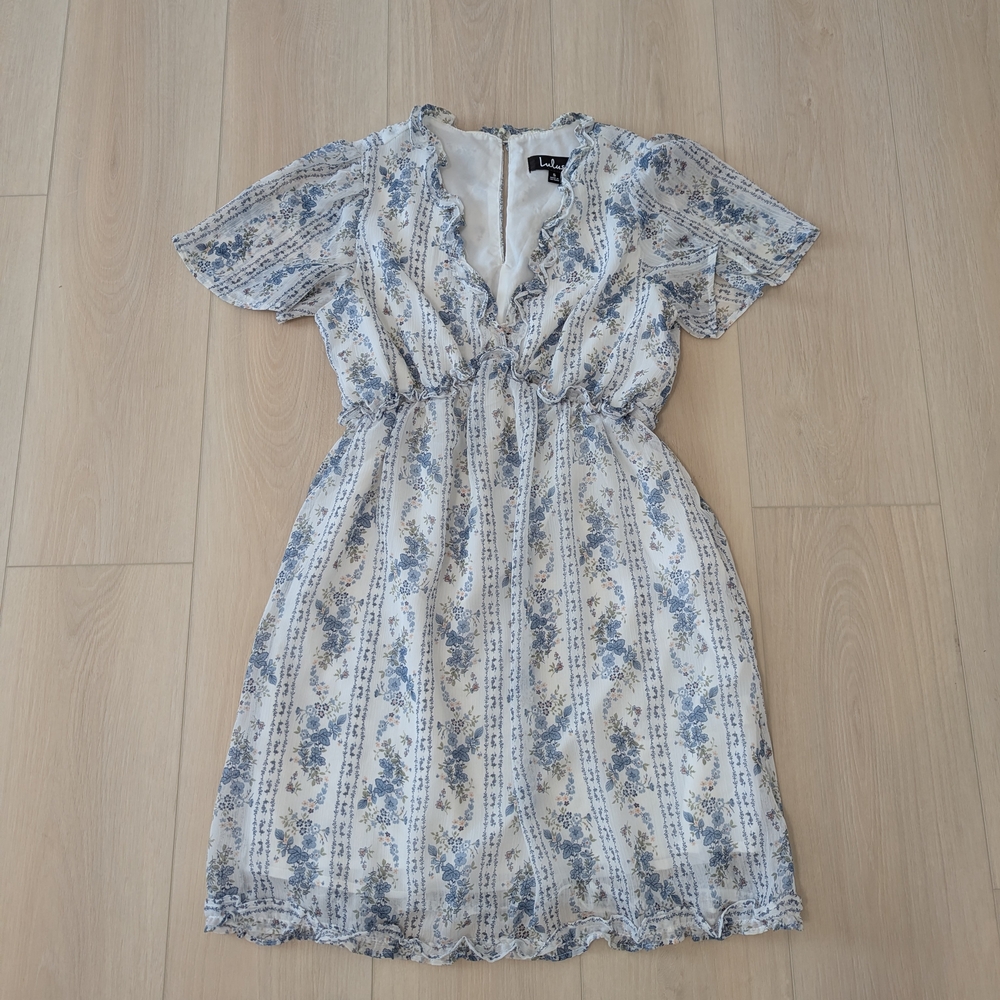 Lulu's White and Blue Floral Ruffle V-Neck Mini Dress